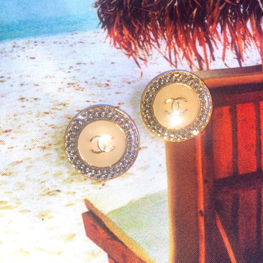 Chanel set of 2- crème and Crystal border covered Resin and metal buttons